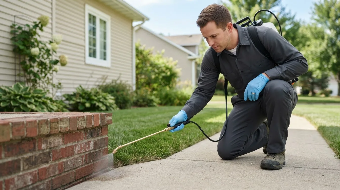 Pest control technician treating a home near Servia, IN