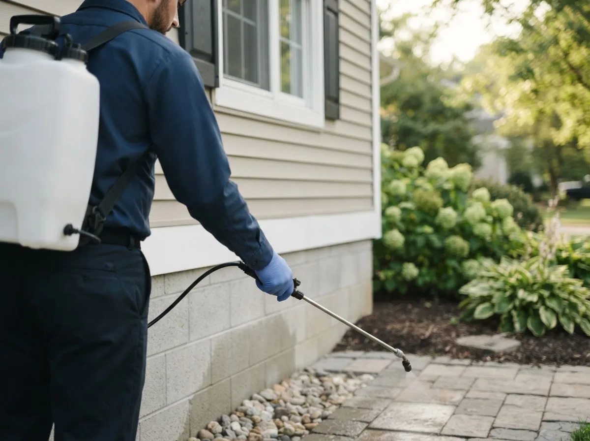 Pest control technician inspecting a home in Servia, IN